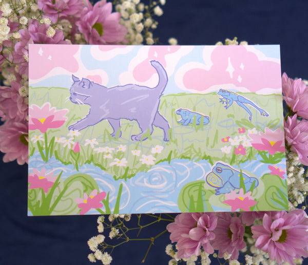 Pond 6x9 Grey Cat Linen Art Print