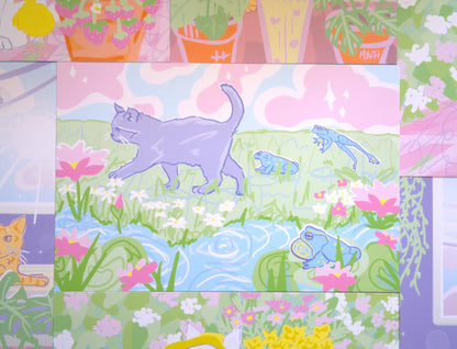Pond 6x9 Grey Cat Linen Art Print